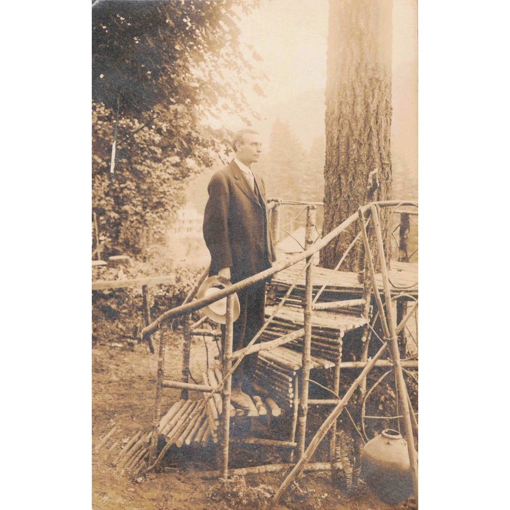 Antique RPPC Postcard Man in Suit on Rustic Log Stairs Cyko Stamp Box 1907-1915 - Picture 1 of 2
